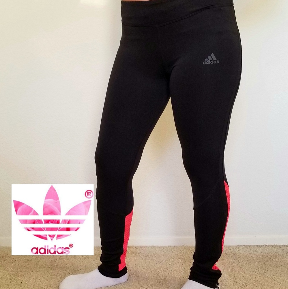 Adidas Black Leggings w Pink Mesh & Logo Stripe